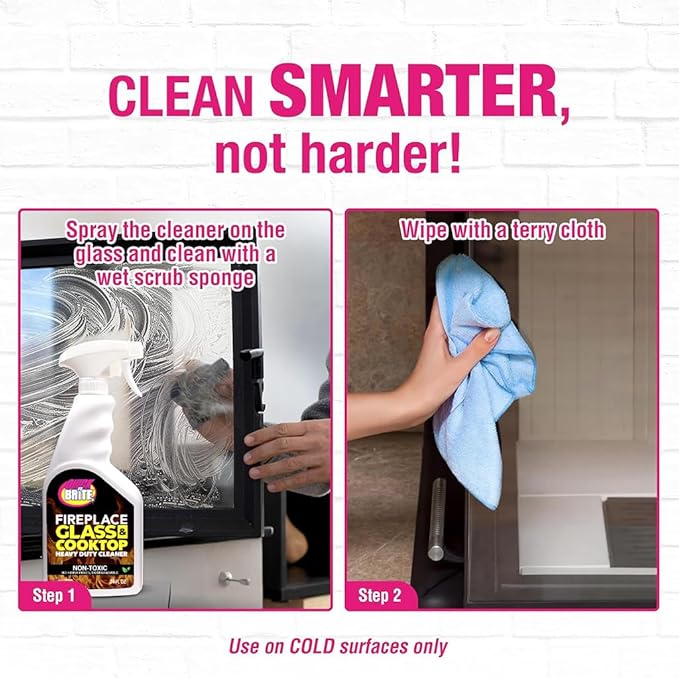 Quick N Brite Fireplace Glass Cleaner 24oz, Nonabrasive Cleaning Spray for Fireplace Glass, Oven Glass, Glass Cooktops, Ceramic-Glass, Microwave Glass (Pack of 2)