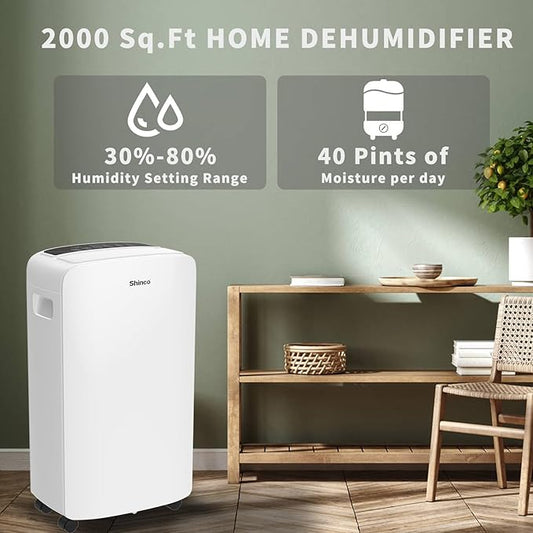 Shinco 40 Pints Dehumidifier for Home and Basements, 2000 Sq.Ft Dehumidifiers with Drain Hose, Auto or Manual Drainage, Auto Defrost, Quietly Remove Moisture, Intelligent Humidity Control, 24HR Timer