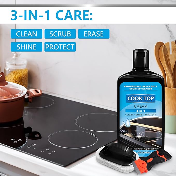 Cooktop and Stove Top Cleaner Kit, Glass Cooktop Cleaner Combo Kit with Razor, Scraper, Scrubbing Pad Removes Tough Stains, Stovetop Cleaner for Glass and Ceramic Surfaces,34OZ