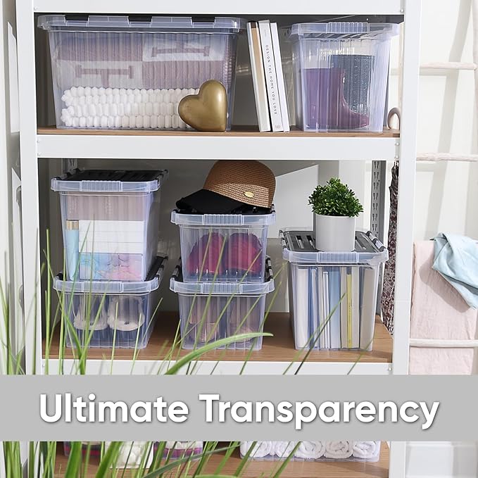 Superio Clear Storage Boxes with Attached Lids, Plastic Container Bins with Hinged Lids for Organizing, Stackable Crates, BPA Free, Non Toxic Organizers (2 Pack, 17"x11.65"x8.75")
