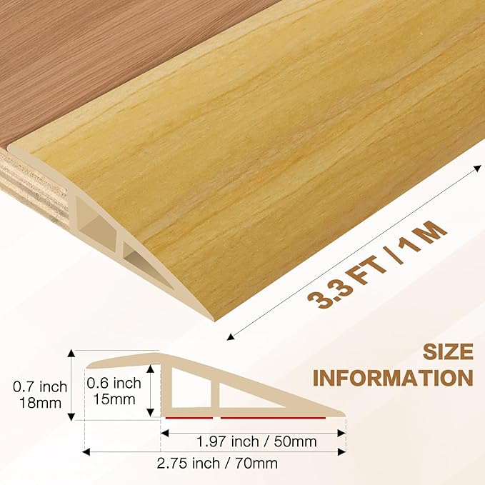 Floor Transition Strip Vinyl Door Threshold Ramp Self Adhesive Carpet Edging Strip Doorway Edge Trim, Overlap Edge Reducer for Laminate Carpet, Floor, Tile (Raw Wood Grain, 2/5" to 3/5", 3.3Ft)