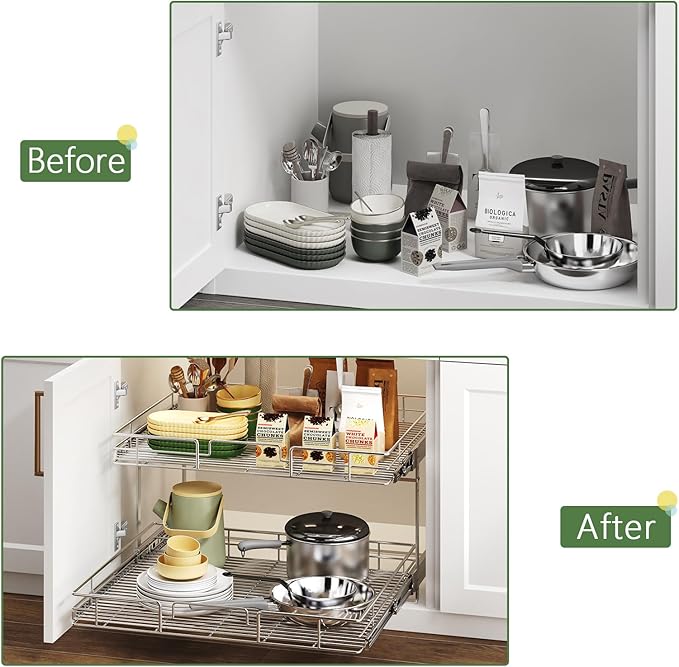2 Tier Individual Pull Out Cabinet Organizer 31½" W x 21½" D, Heavy Duty Cabinet Pull Out Shelves, Slide Out Drawers Organization for Kitchen Cabinets Bathroom
