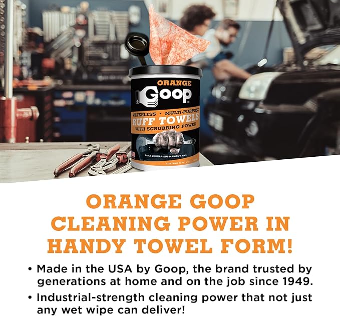 GOOP Orange Heavy Duty Ruff Towels with Scrubbing Power, 10โ x 12โ Dual Textured Multi-Purpose Cleaning Wipes, Removes Dirt, Grease, Oil, 72 Count (Pack of 2)