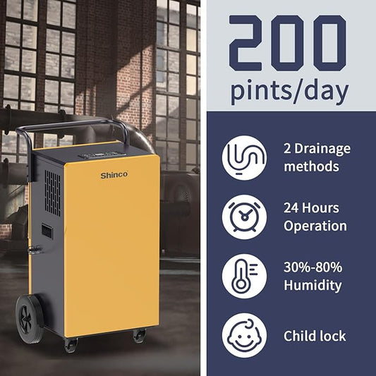 Shinco Commercial Dehumidifiers with Pump, 200 Pints Industrial Dehumidifier for Crawl Spaces, Basements Warehouse and Large Spaces up to 8,000 Sq Ft