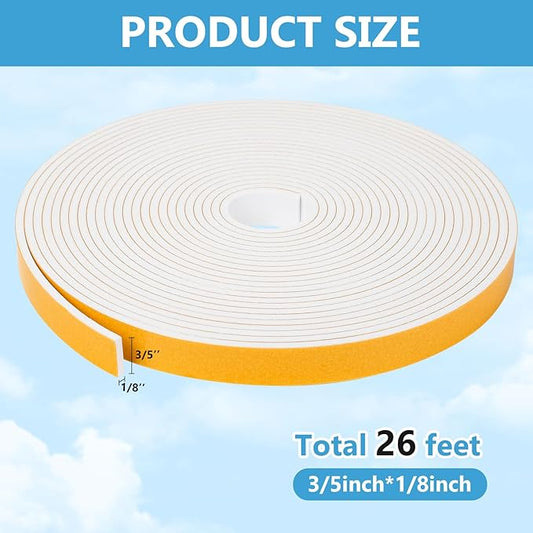 Weather Stripping Door Seal Strip (3/5 Inch X 1/8 Inch X 26Feet), Strong Adhesive, Lightproof, Soundproof, Weatherproof Foam Tape Insulation for Sliding Door, Front Door Frame, Windows- White