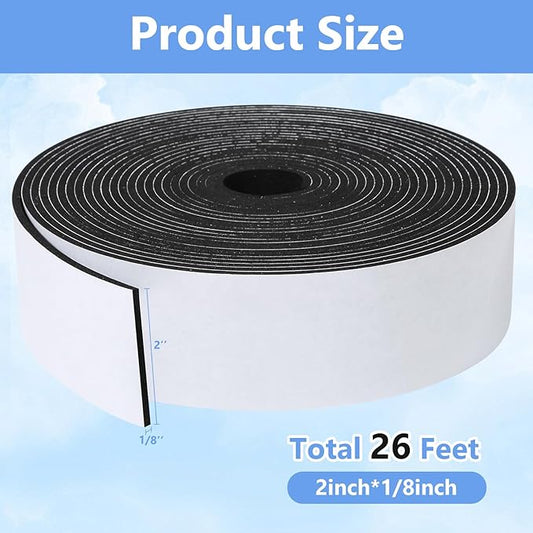 Weather Stripping Door Seal Strip- 2 Inch X 1/8 Inch X 26Feet, Strong Adhesive, Lightproof, Soundproof, Weatherproof Foam Tape Insulation for Sliding Door, Front Door Frame, Windows- Black