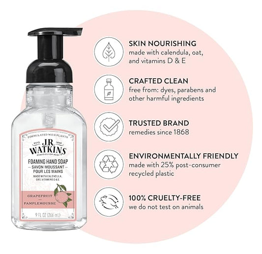 J.R. Watkins Foaming Hand Soap Pump with Dispenser, Moisturizing All Natural Hand Soap Foam, Alcohol-Free, Cruelty-Free, USA Made, Use as Kitchen or Bathroom Soap, Grapefruit, 9 fl oz, 6 Pack