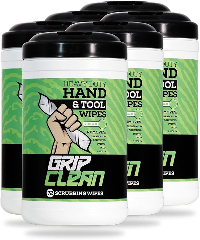 Grip Clean Heavy Duty Hand & Tool Cleaning Wipes β Waterless Hand Cleaner for Mechanics, Garage & Shop Use β Dual-Sided Grease, Oil & Paint Remover Wipes with Citrus Scent - 30ct (6 Pack)