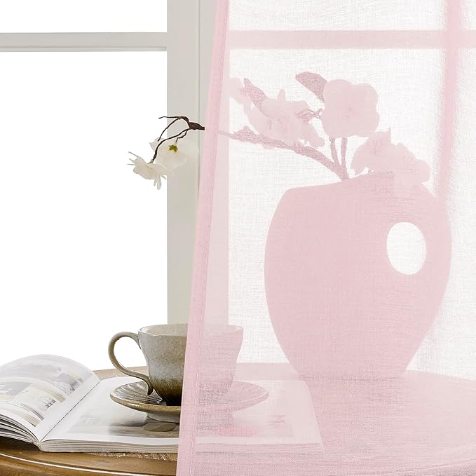 Tollpiz Sheer Door Curtains Closet Linen Textured Curtain Sheers Doorway Light Filtering Voile French Door Rod Pocket Curtains Patio Glass Door, 54 x 63 inches Long, Pink, Set of 1 Panel