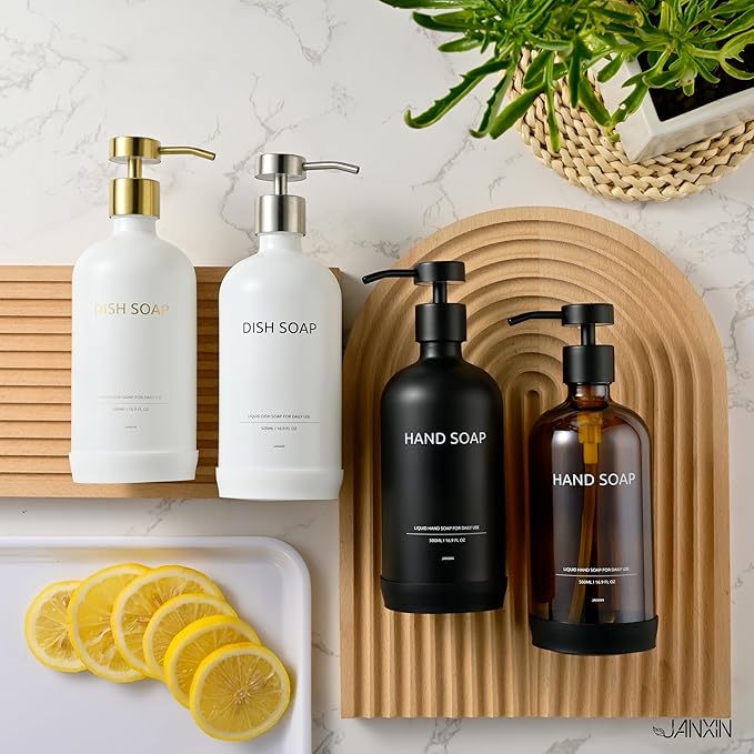 Glass Soap Dispenser Set by Janxin,Bathroom Soap Dispenser Set with Ceramic Tray,Luxury Bathroom Accessories,Modern Kitchen Decor (Black(Dish Soap))