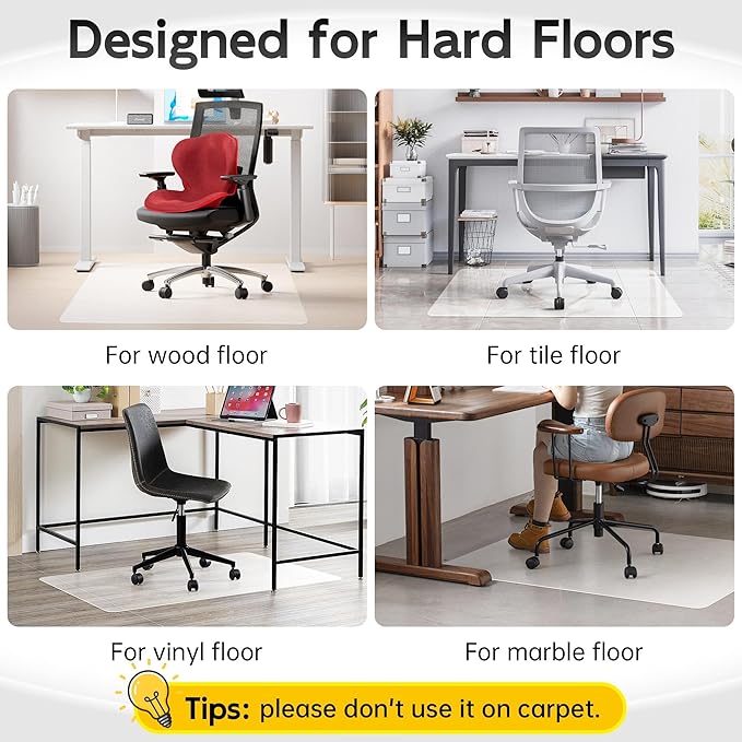 Office Chair Mat for Hardwood Floor, 60" x 40" Clear Computer/Desk Chair Mat for Hard Floor, Thicker, Easy Glide, Non-Slip, Protects Hard Surfaces from Scratches, Ideal for Home or Office