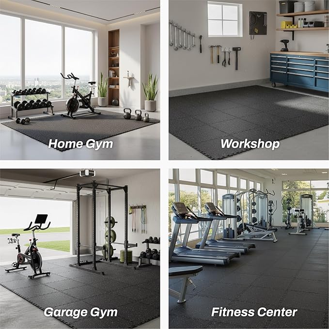 AIRHOP 0.56in Thick 24 Sq Ft Exercise Equipment Mats, 6 Tiles Upgraded Rubber Top with High Density EVA Foam, Large Interlocking Puzzle Gym Flooring for Home Gym, Heavy Weight Workout,Black
