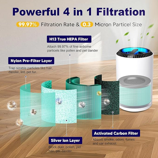 MK01 & MK06 True HEPA Filter Replacement Compatible with Aroeve MK01, MK06, ToLife TZ-K1 and Kloudi DH-JH01 Air Purifier, Pet Dander Version, Green, 4 Pack