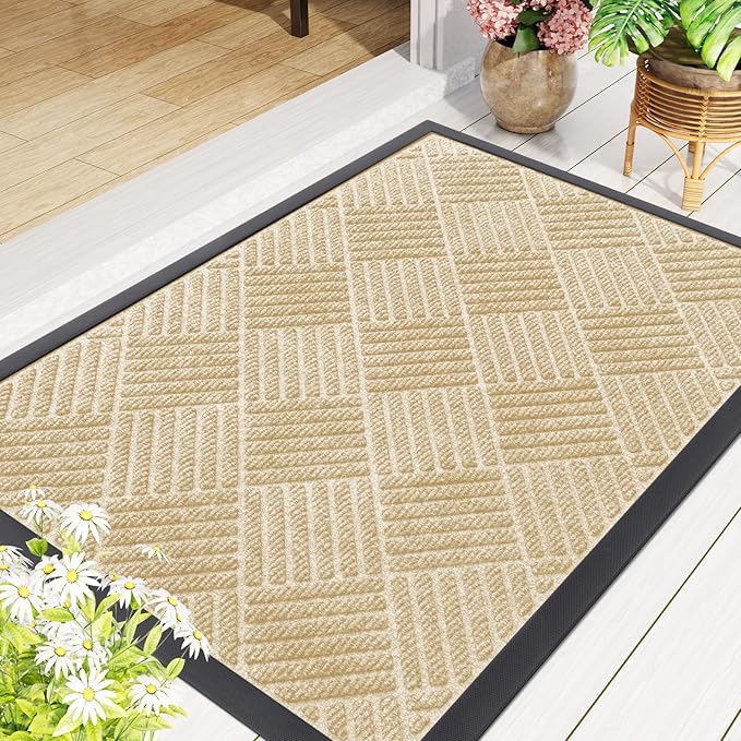 Smiry Front Door Mat Outside Entrance, Heavy Duty Outdoor Indoor Natural Rubber Doormat, Non Slip, Trap Dirt and Moisture, Easy Clean, Low Profile Patio Porch Entryway Mat, 47x32, Beige