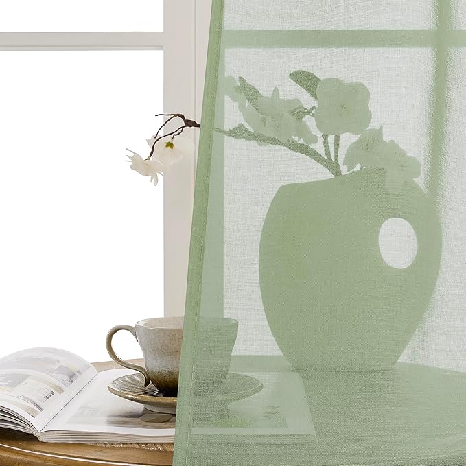 Tollpiz Short Sheer Door Curtains Closet Linen Textured Curtains Sheer Doorway Light Filtering Voile Patio Door Rod Pocket Curtain French Door, 54 x 40 inches Long, Sage Green, Set of 1 Panel