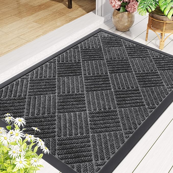 Smiry Front Door Mat Outside Entrance, Heavy Duty Outdoor Indoor Mat, Natural Rubber Doormat, Non Slip, Trap Dirt and Moisture, Easy Clean, Low Profile Patio Porch Entryway Mat, 59x35, Light Grey