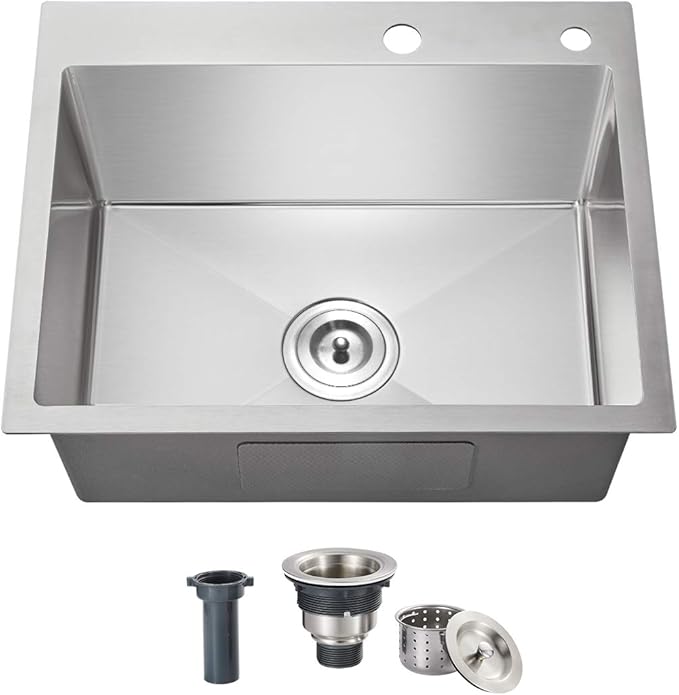 24x18 Inch Kitchen Sink Drop In, Premium T-304 Grade Stainless Steel Sink, 9" Deep Single Bowl with Brushed Finish, R10 Tight Corner,Topmount with 2 Holes, for Modern Kitchen/RV Sink