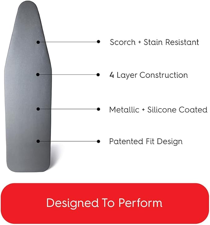 TIVIT Ironing Board Cover 12 x 41, Made in Italy. Pro Grip Pad Covers w/3 Fastener Straps & Pull Bungee Cord - Durable Scorch & Stain Resistant Padded Layers, Heat Reflective AlumiTek PRO Top Coat
