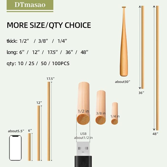 100 PCS Dowel Rods Wood Sticks Wooden Dowel Rods - 3/8 x 17.5 Inch Unfinished Bamboo Sticks - for Crafts and DIYers