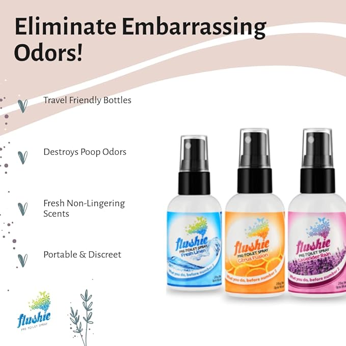 Flushie Pre-Toilet Spray for Poop Travel Size Toiletries Bathroom Spray for Poop Spray for Toilet Deodorizer Traveling Essentials Poop deodorizer Poop Odor eliminator 4oz (Unscented, 1 Pack)