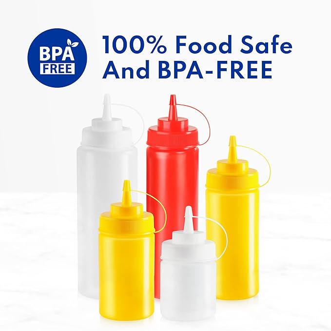 New Star Foodservice 26405 Squeeze Bottles, Plastic, Wide Mouth, 24 oz, Red, Pack of 6