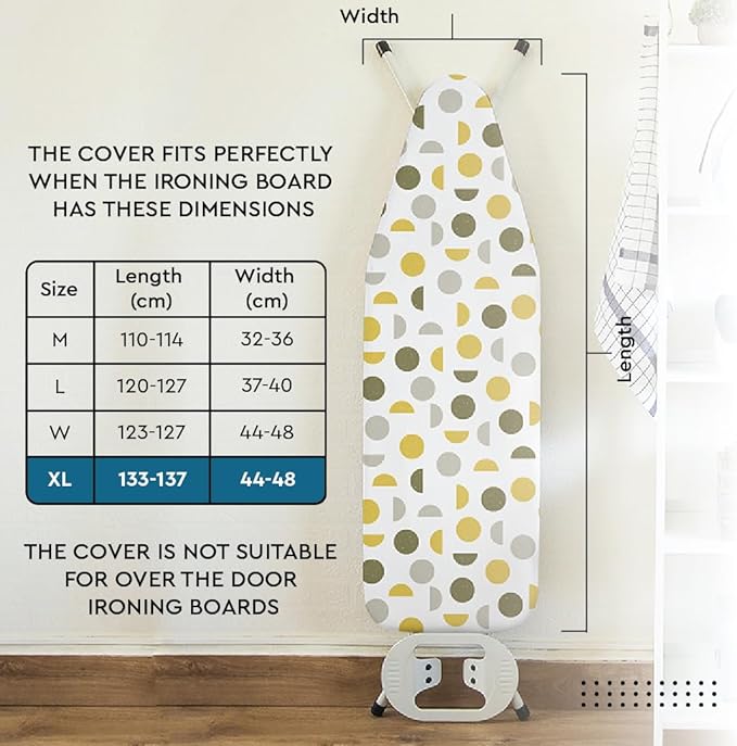 Encasa XO Ironing Board Cover and Pad 57"x22" - Thick 3mm Felt Padding, Drawstring Tightening & Lock, Easy Fit, Scorch & Stain Resistant, Fits X-Large Ironing Board - Grey Tiles