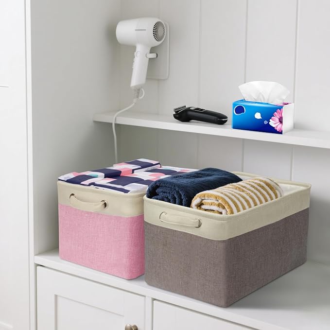 BALEINE 2 Pack Fabric Storage Bins for Shelves, Linen Storage Baskets for Organizing, Decorative Closet Bins for Clothes, Home (Navy Blue, 15"x11"x9.5") ﻿