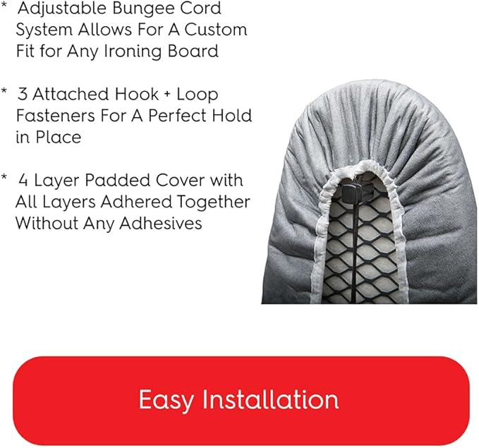 TIVIT Ironing Board Cover 12 x 41, Made in Italy. Pro Grip Pad Covers w/3 Fastener Straps & Pull Bungee Cord - Durable Scorch & Stain Resistant Padded Layers, Heat Reflective AlumiTek PRO Top Coat