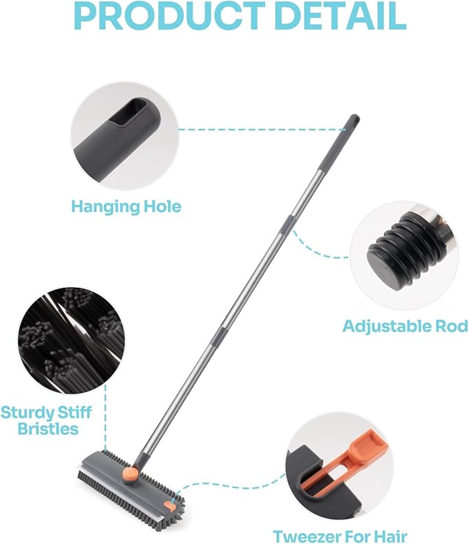 3-in-1 Floor Scrub Brush with Long Handle, Scrape and Heavy-Duty Stiff Bristle Floor Scrubber Brush, Floor Brush with Squeegee and Tweezerfor Cleaning Bathroom, Garage, Wall and Deck