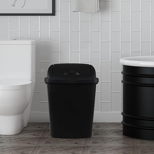 4 Pack 8 Gallon Medium Trash Can with Lid, Plastic Swing Top Garbage Can, Black Waste Bin Waste Basket for Bathroom, Kitchen, Bedroom, Office, College