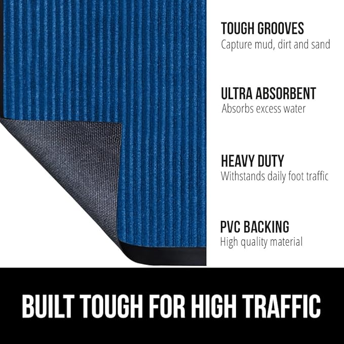 GORILLA GRIP Traffic Guard Door Mat, 60x36, Heavy Duty Welcome Mats, Commercial Office Space Doormat, Waterproof, Fade Resistant, Strong Rubber Backing, Low Profile, Shoe and Boot Scraper, Blue