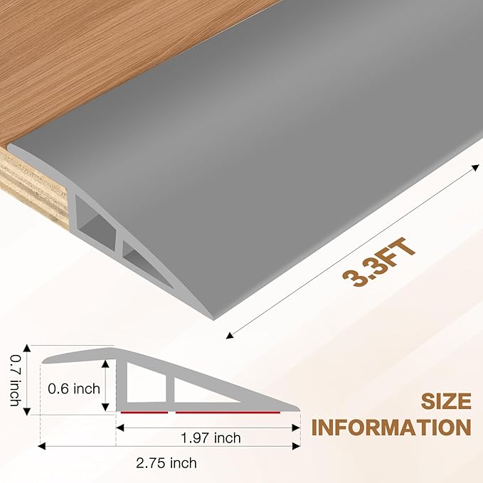 Floor Transition Strip Vinyl Door Threshold Ramp Self Adhesive Carpet Edging Strip Doorway Edge Trim, Overlap Edge Reducer for Laminate Carpet, Floor, Tile (Gray, 2/5" to 3/5", 3.3Ft)