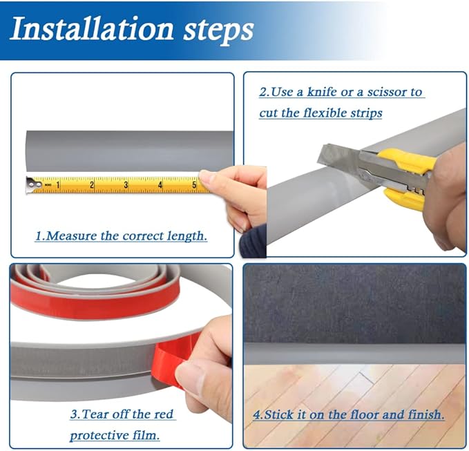 Floor Transition Strip Self Adhesive Carpet & Flooring Transitions Edging Trim Strip PVC Threshold Transitions Suitable for Threshold Height Less Than 3mm (10Ft, Gray)