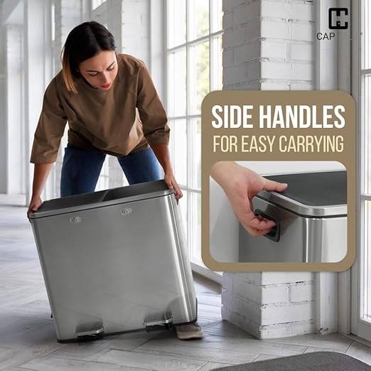 CAPHAUS Black Dual Trash Can w/Double Lid, Trash & Recycle Bins Combo, Hands-Free Stainless-Steel Garbage Can for Kitchen, with 2 Compartment, Hinged Lid, Odor Filters, Handles, 30L+30L, 2 x 8 Gal