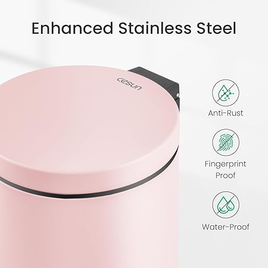 Cesun 1.2 Gallons Small Pink Trash Can, Bathroom Garbage Can with Lid and Foot Pedal, Mini Round Wastebasket for Bathroom, Bedroom, Office, 4.5 Liters / 1.2 Gallons, Pink