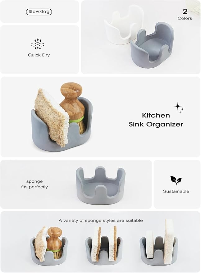 Double Sponge Holder, 2 Slots Diatomite Stone Sponge Holder, Absorbent Sponge Stand for Kitchen Sink, Quick Dry Dish Brush Holder Kitchen Sink Organizer, Gray