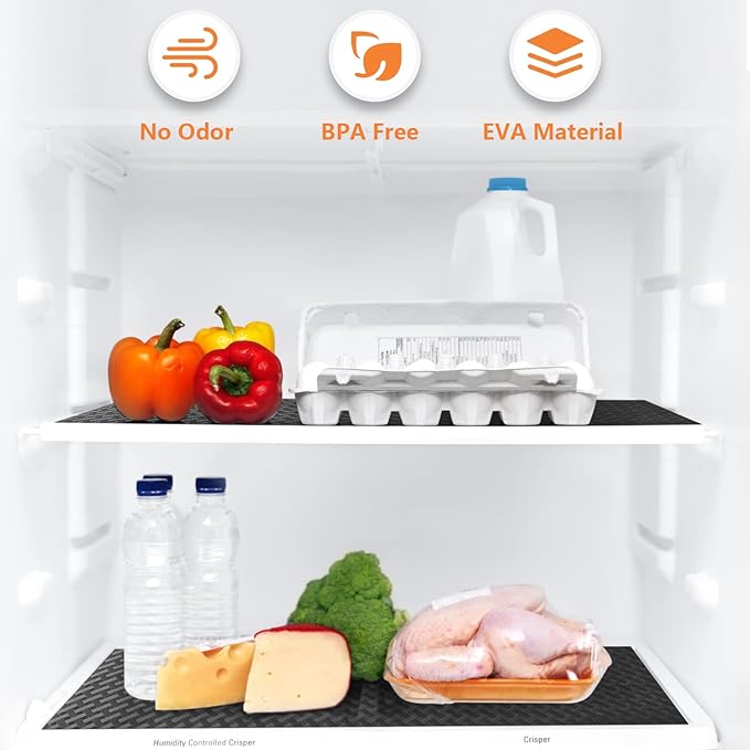 Shelf Liners for Kitchen Cabinets Refrigerator Liners Waterproof Kitchen Cupboard Liner Non-Slip Drawer Mats EVA Material Non Adhesive Fridge Liner for Shelves - Black（11.8 x 236.2 Inches x 2 Rolls