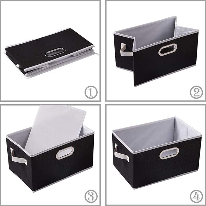 PRANDOM Fodable Storage Baskets for Closet [5-pack] Decorative Fabric Storage Bins Cubes with Leather/Metal Handles for Shelves Bedroom Living Room Black (11.5x8.5x6.7 Inch)
