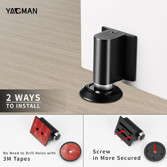1 Pack Magnetic Door Stoppers Retractable Bottom of Door Holder No Drilling Mount Floor Door Stop with Screws and Adhesive Catch Door Keep Door Open Matte Black MB-1