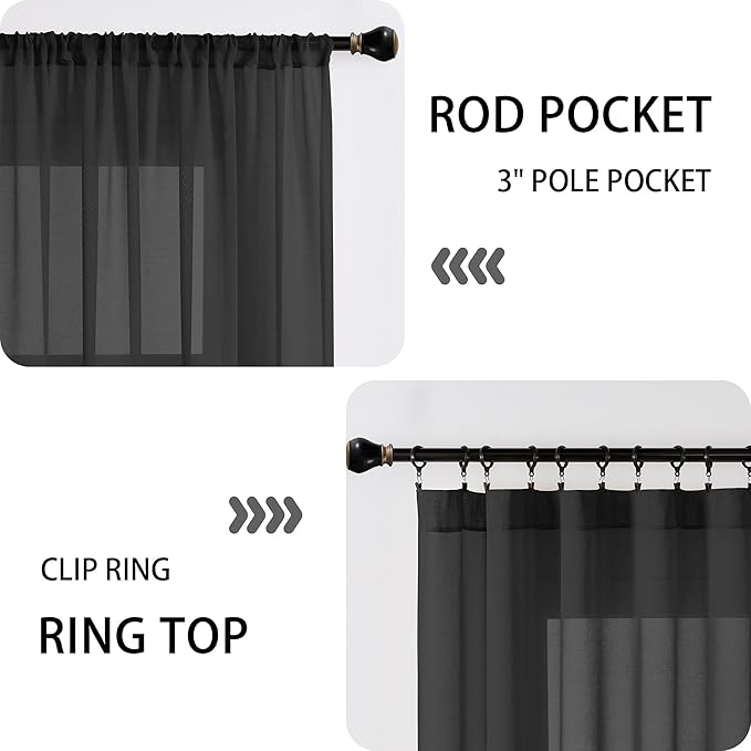 Tollpiz Sheer Linen Textured Curtain Sheers Doorway Light Filtering Voile French Door Rod Pocket Curtains Patio Glass Door, 54 x 63 inches Long, Black, Set of 1 Panel