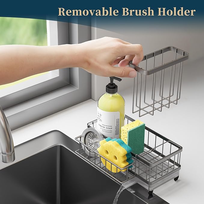 Consuemst Sponge Holder for Kitchen Sink - Auto Draining Sink Caddy Organizer with Detachable Rack, High Brush Holder, Kitchen Countertop Storage Accessories, Sand Nickel