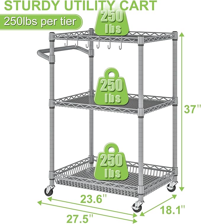 Metal Carts with Wheels,3 Tier Rolling Utility Carts with Storage, Steel Wire Service Cart with Handle Bar&Shelf Liner, Commercial Grade Kitchen Trolley for Indoor & Outdoor Use