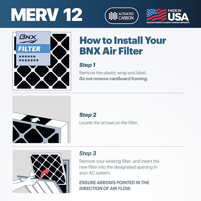 BNX TruFilter 20x22x1 MERV 12 Odor Defense (6-Pack) AC Furnace Air Filter with Activated Carbon - MADE IN USA - Pleated Air Conditioner HVAC AC Furnace Filters - Removes Odor, Mold, Bacteria, Smoke