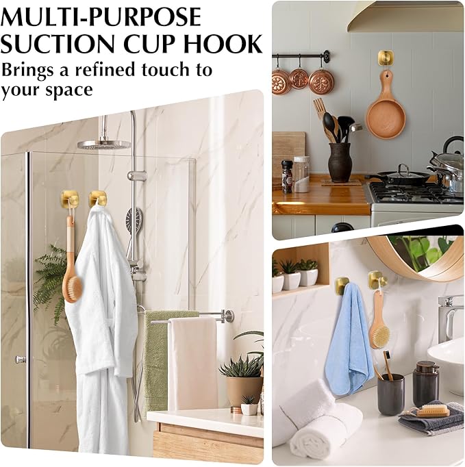 Suction Cup Hooks for Shower - Reusable No-Drill Mounting - Hooks for Towels, Robes & Loofah on Metal, Glass, Mirrors, Tile & Smooth Non-Porous Surfaces (4, Brushed Gold)