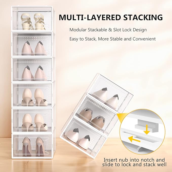 Secret Space 12 Pack XX Large Shoe Organizer Storage Boxes for Closet, Modular Space Saving Shoe Boxes Clear Plastic Stackable Sneaker Containers Display Case with Lids, Pearl White03