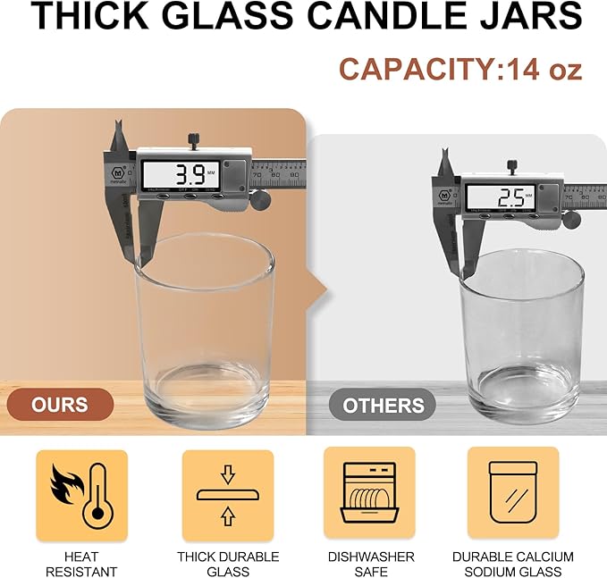 14 OZ Thick Candle Jars for Making Candles 12 Pcs, 3 Wick Empty Jars with Wood Lids for Candle Making, Sample Container,Clear