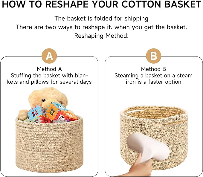 Small Basket for Organizing | Cube Shelf Closet Storage Baskets | 9.7×9.7×7.1” | Woven Rope Gift Basket | Nursery | Round 3 Packs Light Pink