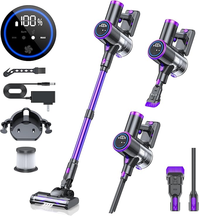 Cordless Vacuum Cleaner, Stick Vacuum with LED Display, 2 Modes 6 in 1 Lightweight Rechargeable Cordless Stick Vacuum with 40Min Detachable Battery Vacuum Cleaner for Home Hard Floor Carpet