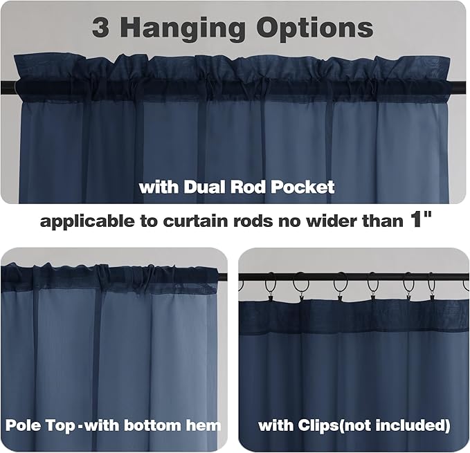Chyhomenyc Sheer Window Valance Curtains, 42x14 Inches Light Filtering Valances Windows Treatment, Small Rod Pockets Voile Sheer Curtains for Living Room/Bathroom/Basement, Navy Blue, 2PCS