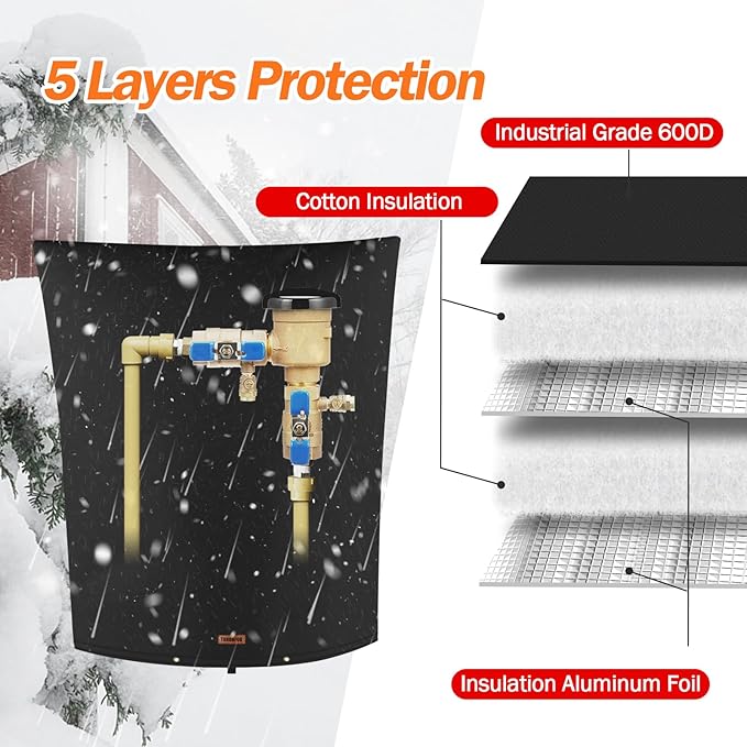 Backflow Preventer Pipe Insulation Cover (5°F) - Irrigation Sprinkler Valve Insulated Pouch - Water Well Pump Cover - Sturdy 5 Layers for Winter Freeze Protection, 24" W x 30" H, Black